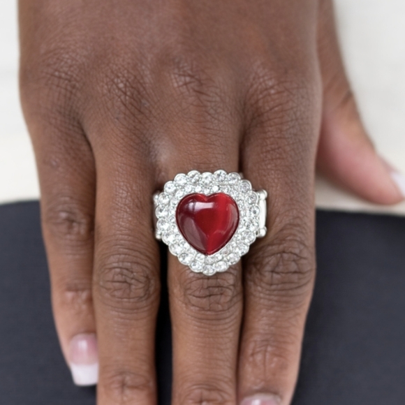 Paparazzi Lovely Luster Red & Silver Rhinestone Stretchy Heart Ring